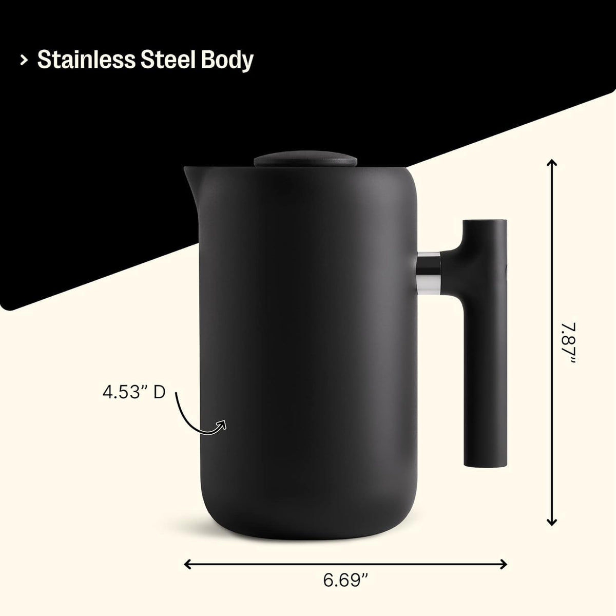 Insulated Coffee Maker with Enhanced Filtration System, Portable French Press Stainless Steel, 24 oz Carafe, Matte Black T1368