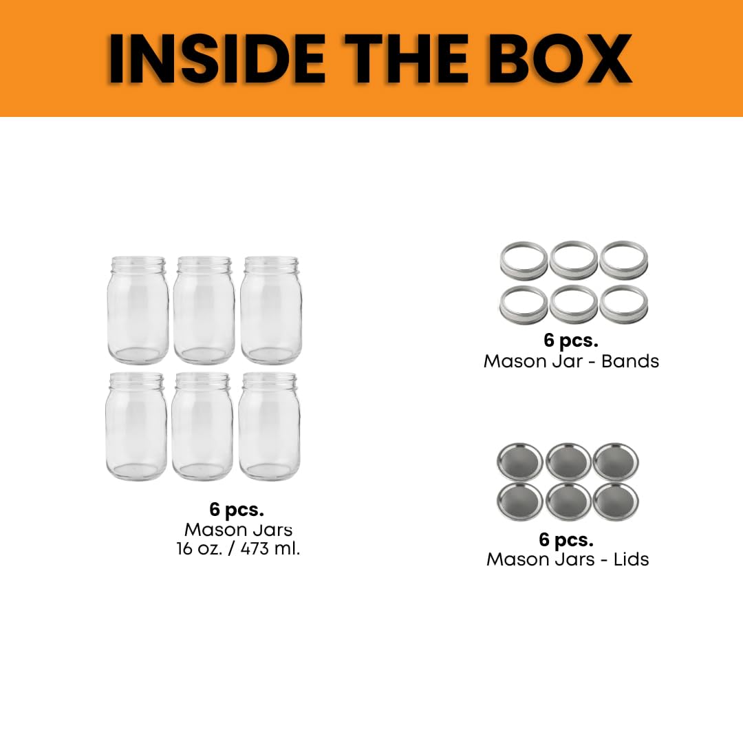 16 oz Regular Mouth Mason Jars Pack of 6 with Airtight Metal Lids S6263