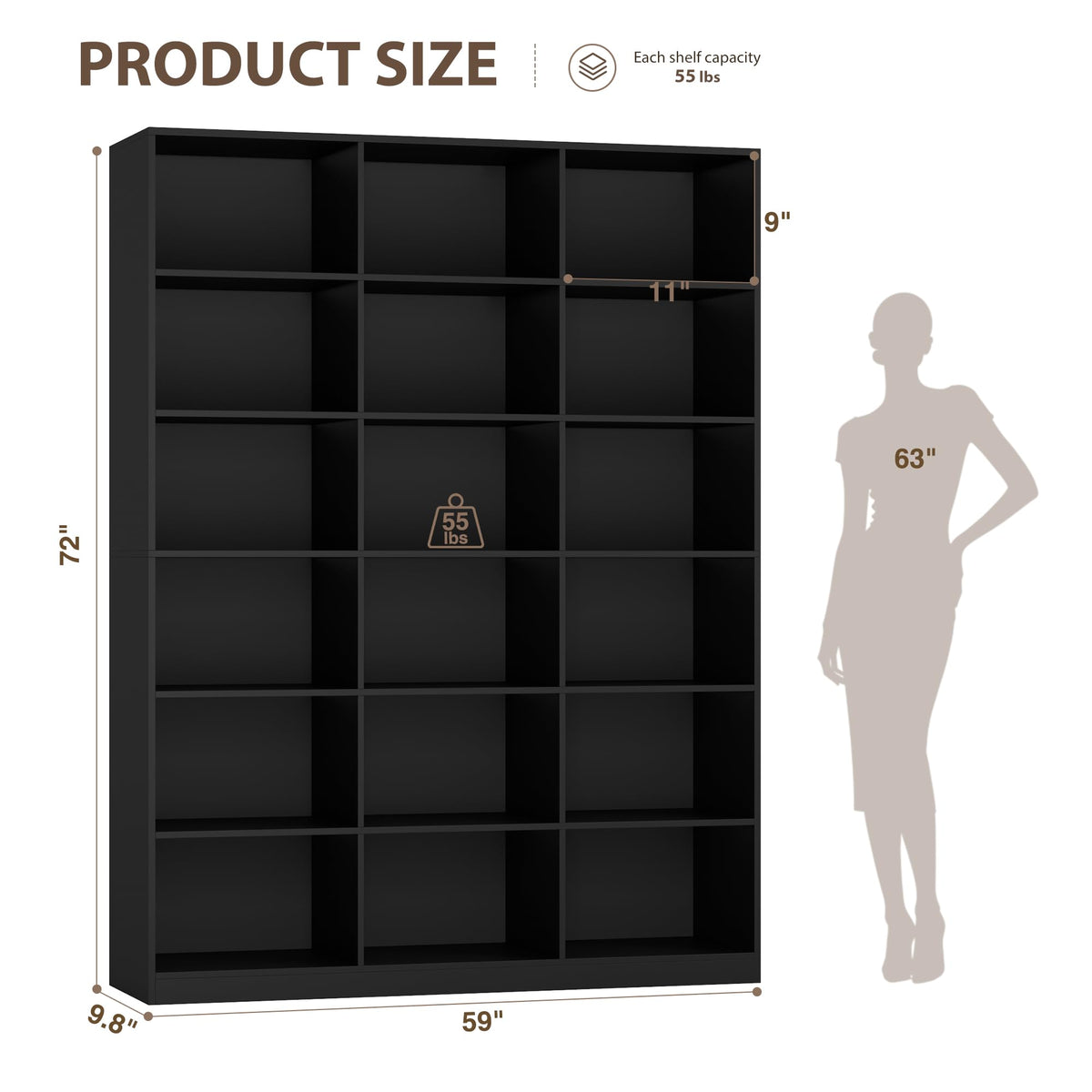 59" W Triple Wide Black Bookshelf and Bookcase N50264