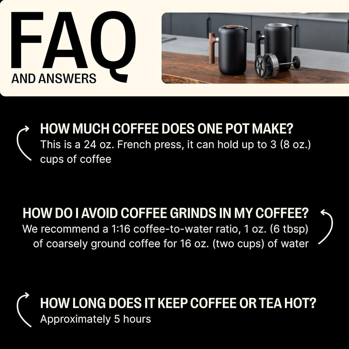 Insulated Coffee Maker with Enhanced Filtration System, Portable French Press Stainless Steel, 24 oz Carafe, Matte Black T1368