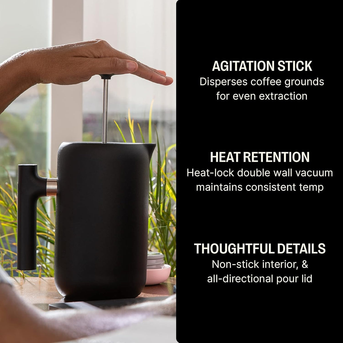 Insulated Coffee Maker with Enhanced Filtration System, Portable French Press Stainless Steel, 24 oz Carafe, Matte Black T1368