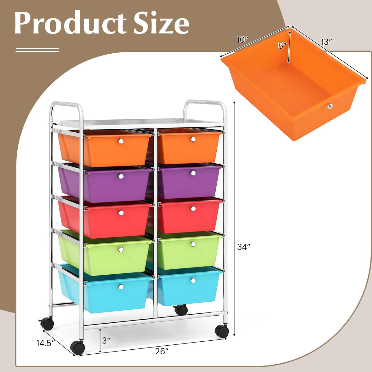 10 Drawer Rolling Storage Cart with Lockable Wheels S767