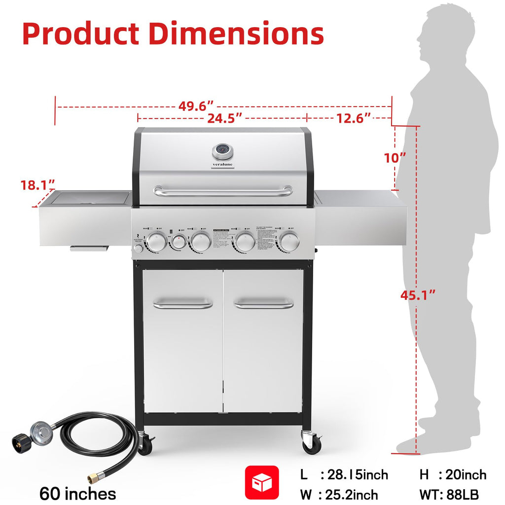 4 Burner Gas Grill with Side Burner and Wheels O985404