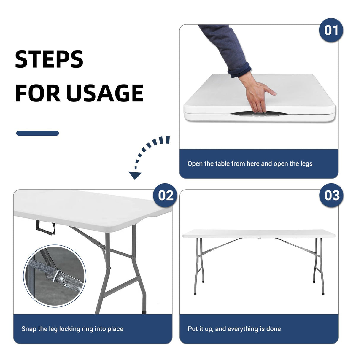 6ft Heavy Duty White Folding Table with Carrying Handle Z486