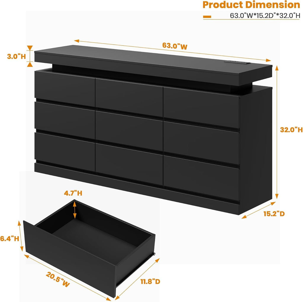 Black 9 Drawer Dresser with LED Light and Charging Station P3110