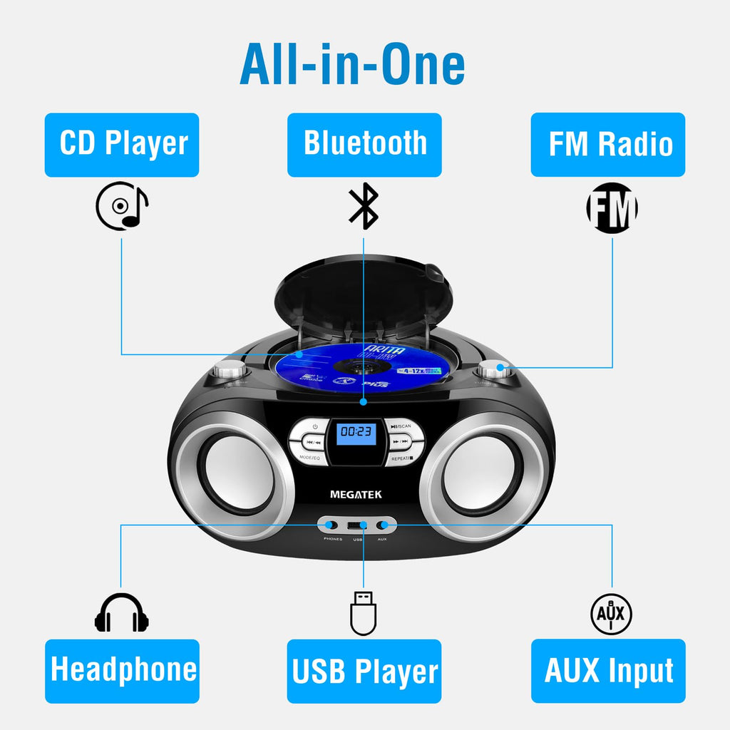Portable CD Player Boombox with Bluetooth & FM Radio – Black C54845