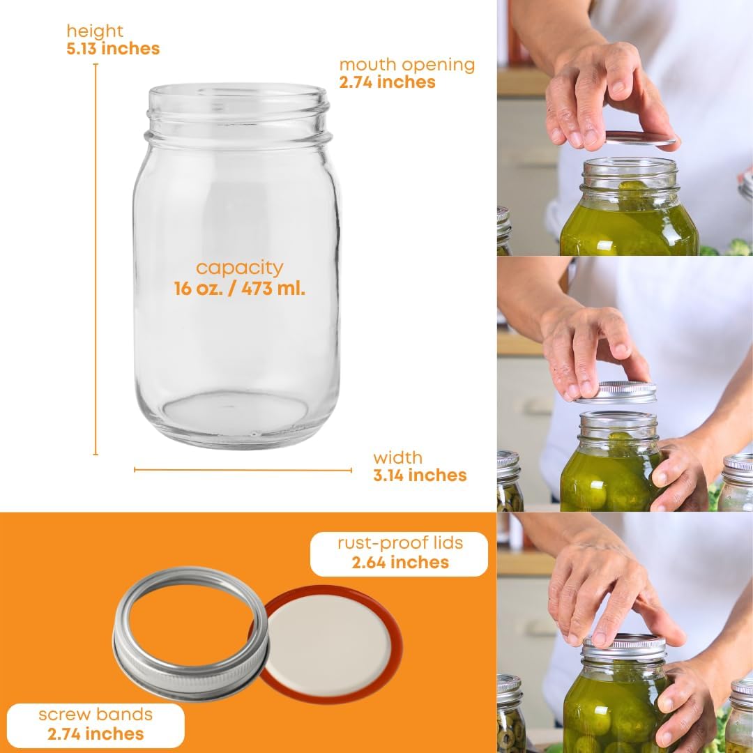16 oz Regular Mouth Mason Jars Pack of 6 with Airtight Metal Lids S6263
