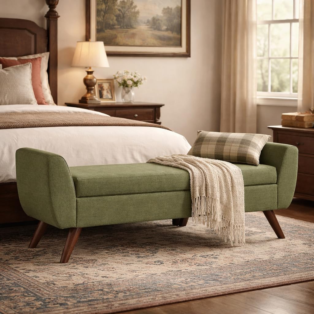 Olive Green Woven Storage Bench with Wood Legs P9783