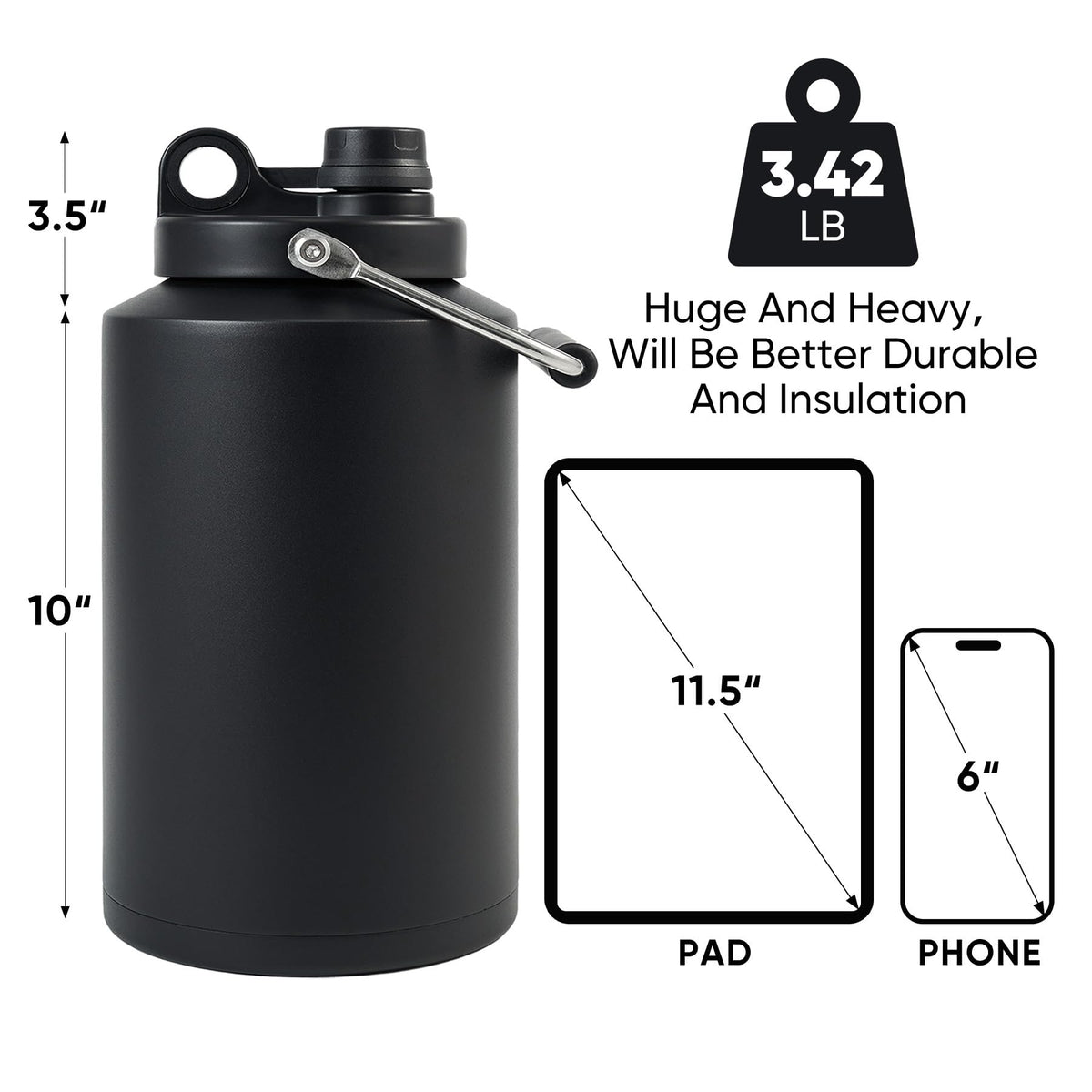 One Gallon 128oz Stainless Steel Insulated Water Bottle with Handle, Black K354