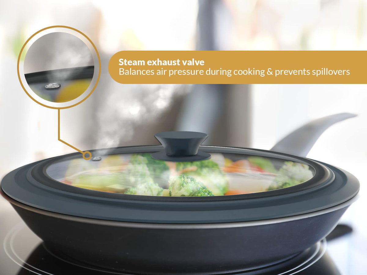 Universal Lids for Pots, Pans & Skillets 2set Frying Pan Cover Fits 7", 8" 9" & 10", 11", 12" Diameter Cookware, 2 Cotton Rags, Tempered Glass with High Heat Resistant Silicone Rim Dishwasher Safe C43362