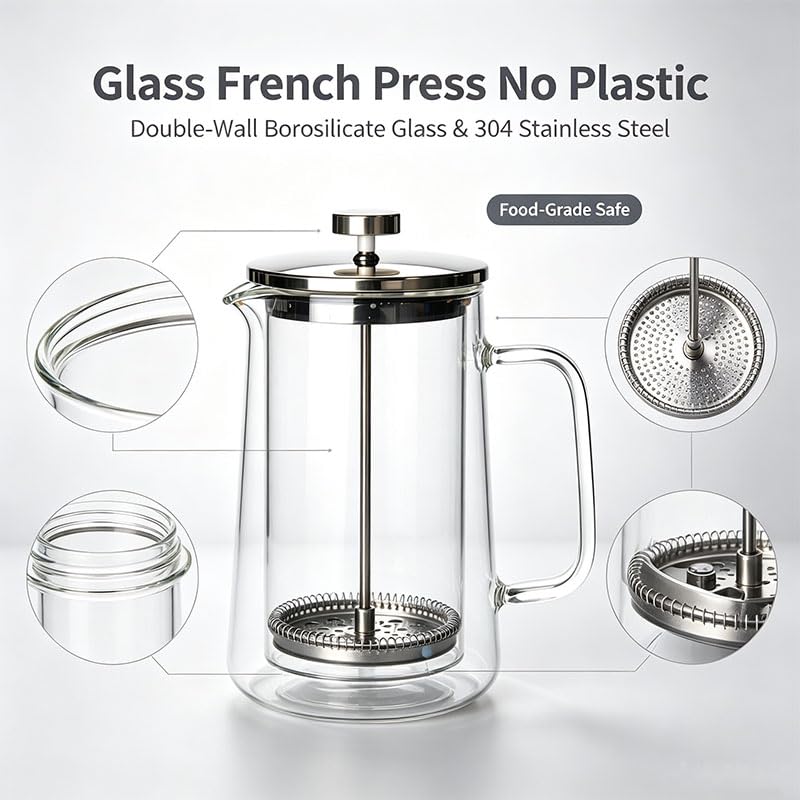 Glass French Press Coffee Maker 34oz Borosilicate Stainless Steel Filter U93685