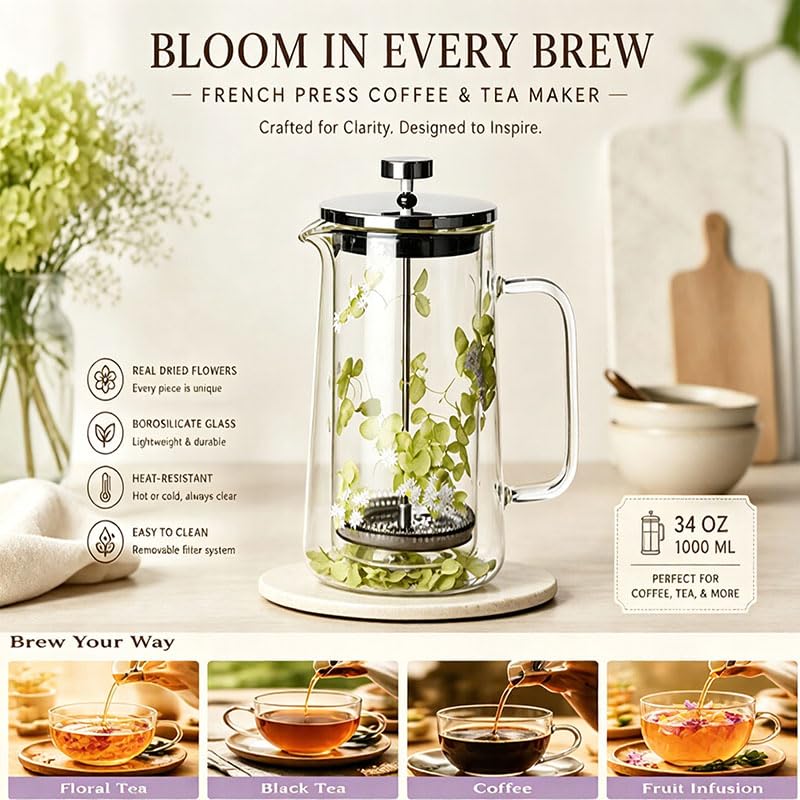 Glass French Press Coffee Maker 34oz Borosilicate Stainless Steel Filter U93685