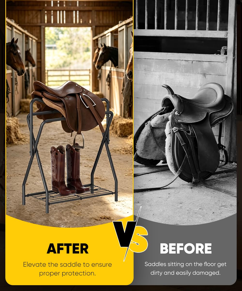 Foldable Black Horse Saddle Rack with Storage C112