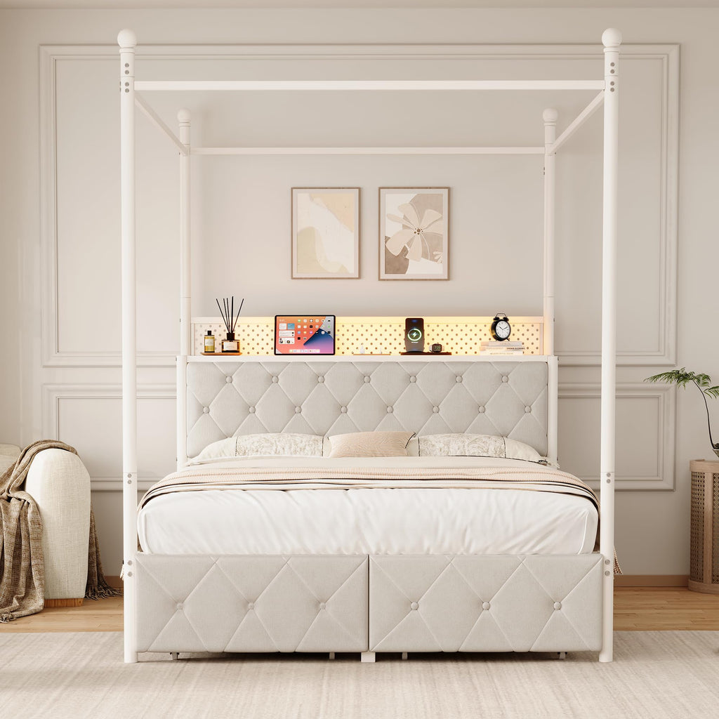 Full Size Canopy Bed Frame with Charging Station and LED Lights X988489