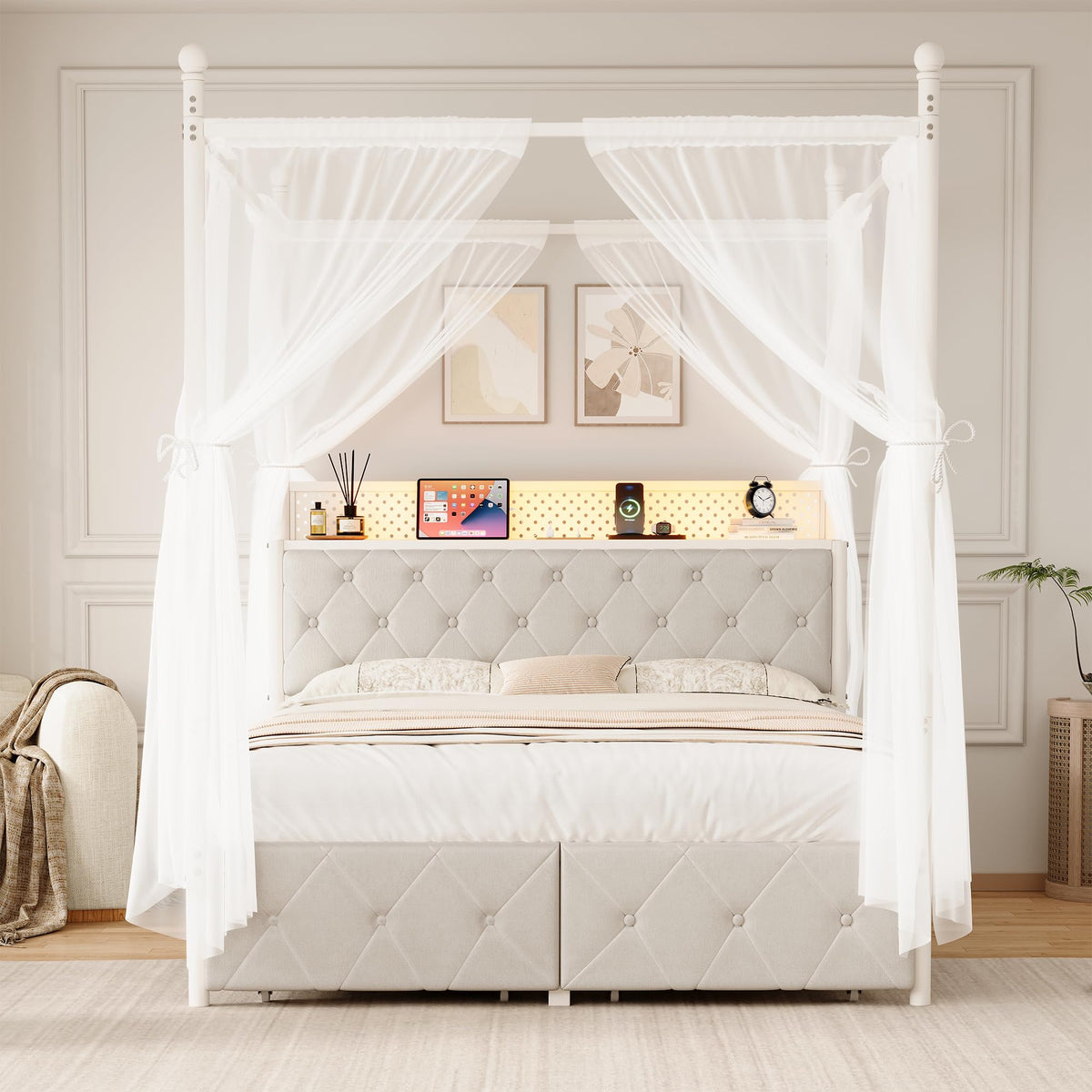 Full Size Canopy Bed Frame with Charging Station and LED Lights X988489