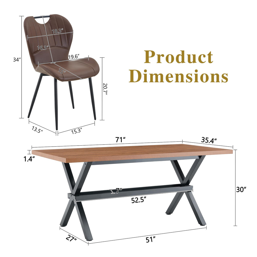 71-inch Dining Table with Chairs Set for 8, Walnut Wood Kitchen Table with Storage Shelf and Metal Legs, Brown PU Chairs A627
