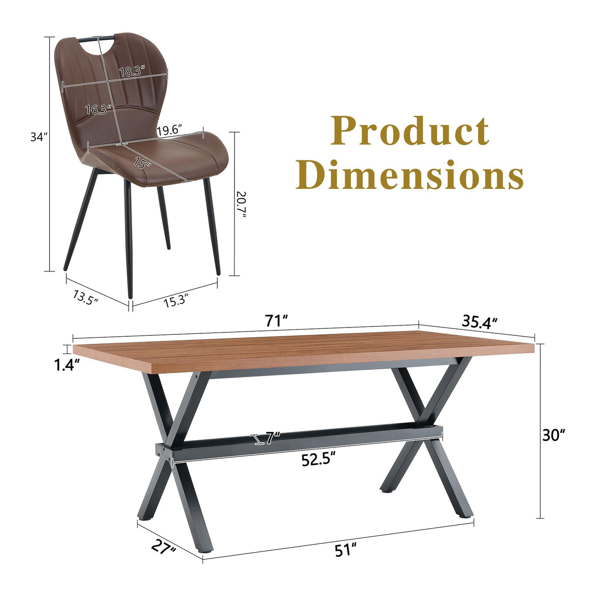 71-inch Dining Table with Chairs Set for 8, Walnut Wood Kitchen Table with Storage Shelf and Metal Legs, Brown PU Chairs A627