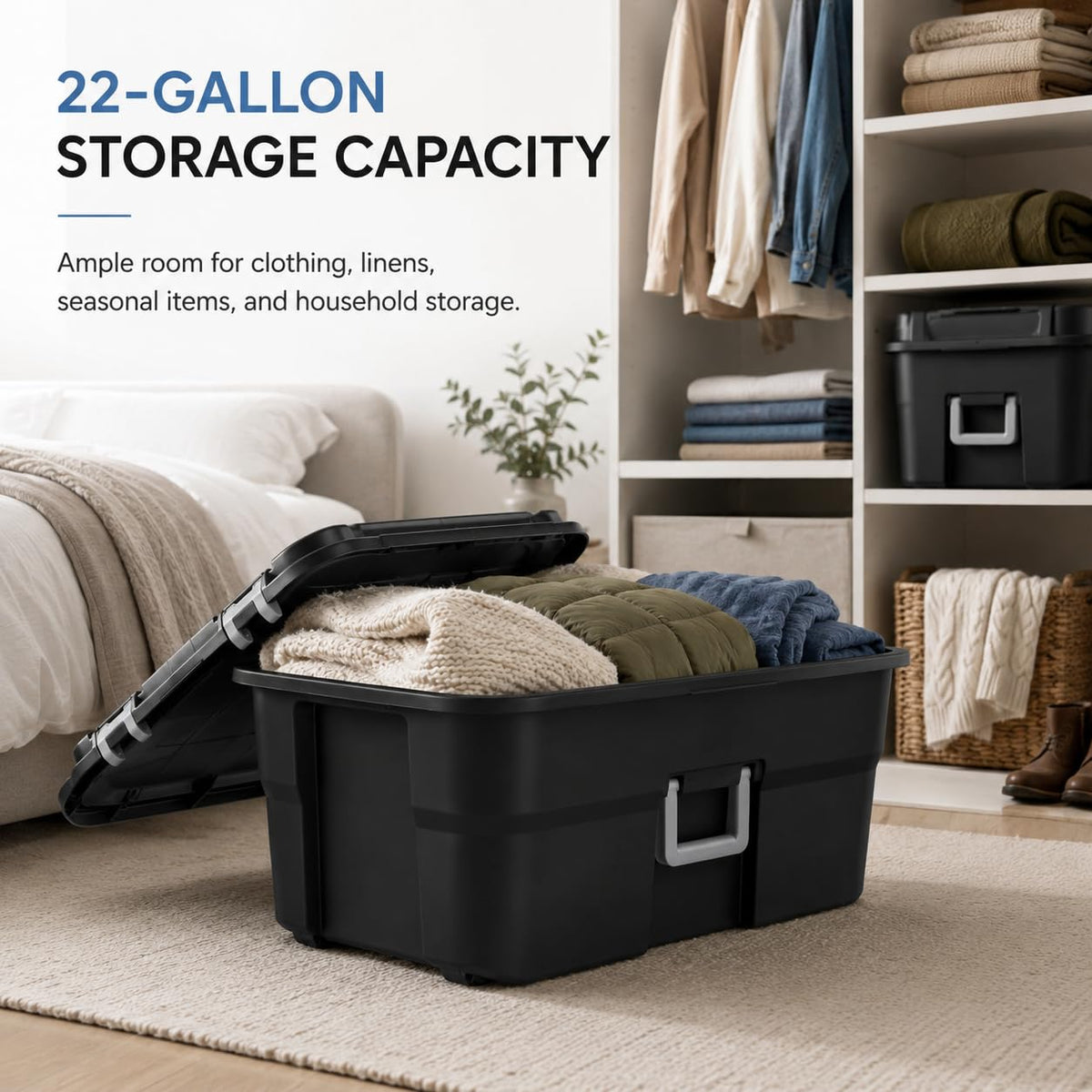 Black Plastic Storage Footlocker with Wheels D30323