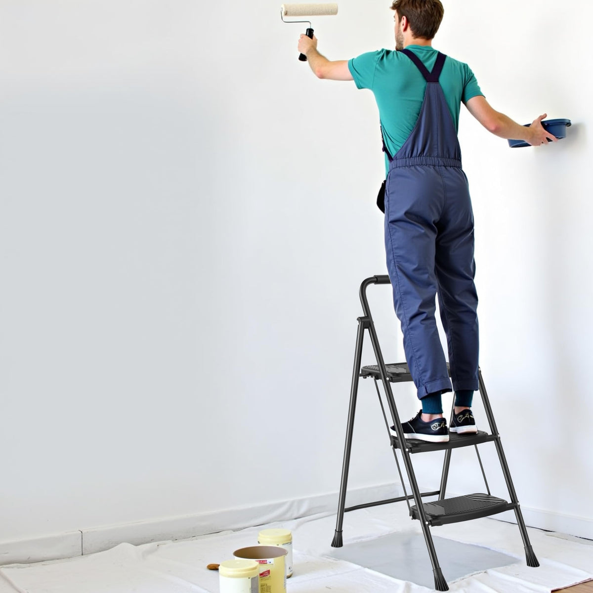 Folding Steel 3-Step Ladder with Handrail Q721161