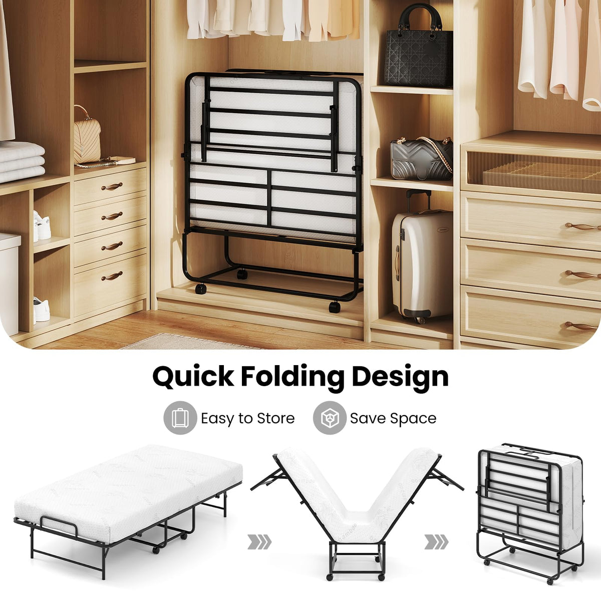 Twin Folding Bed with Memory Foam Mattress Y35471