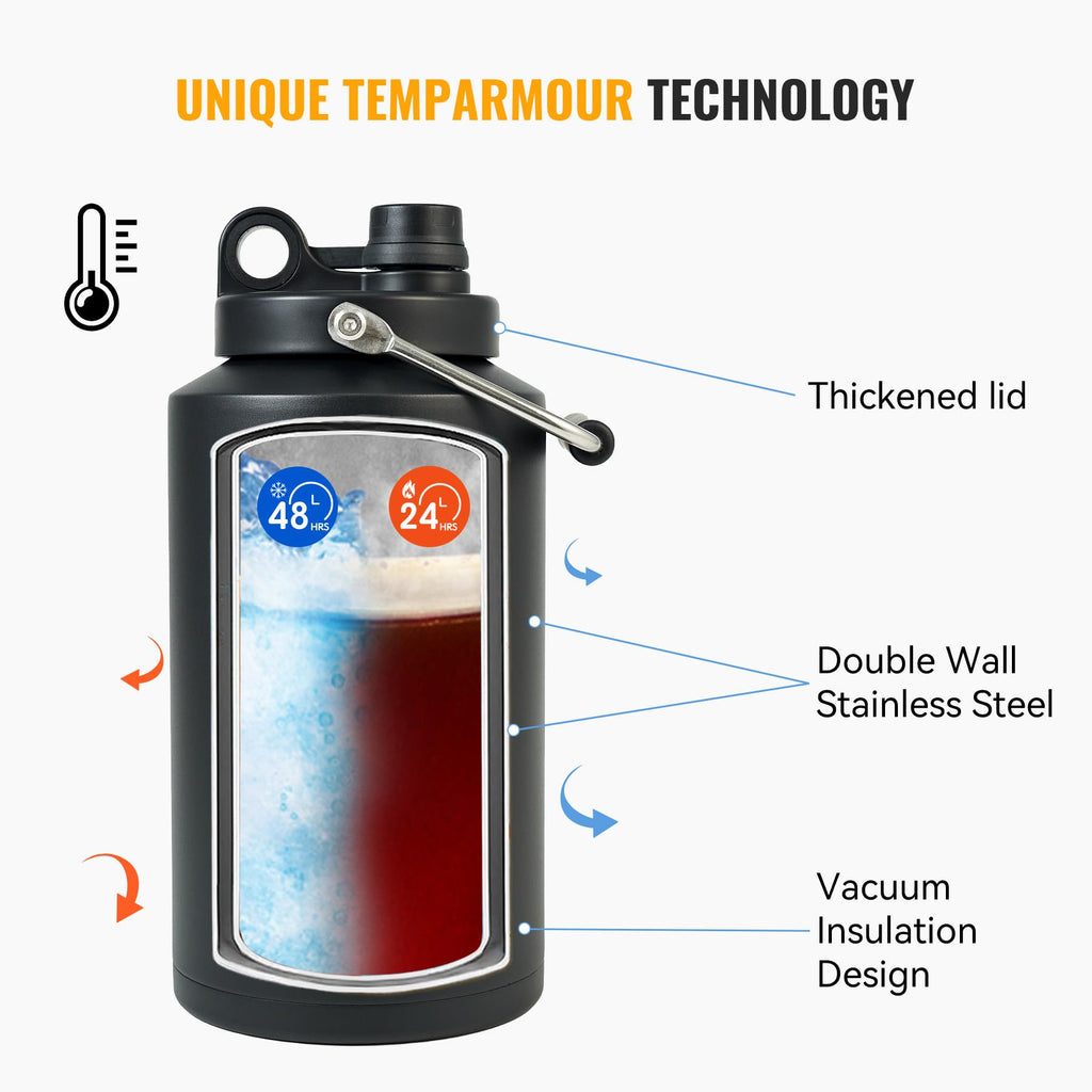 One Gallon 128oz Stainless Steel Insulated Water Bottle with Handle, Black K354