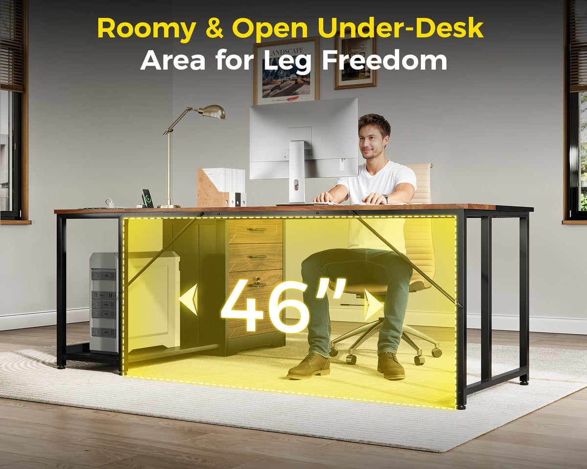 61" L Shaped Office Desk with Wood Drawers D695