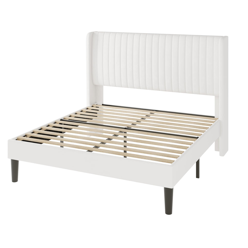 Queen Size White Velvet Upholstered Platform Bed D689732