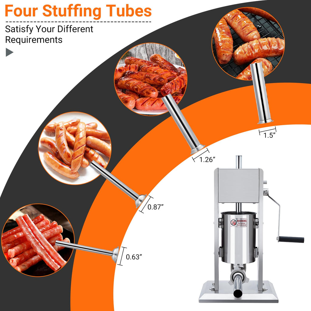 Manual 7 LB Stainless Steel Sausage Stuffer with 4 Stuffing Tubes A140