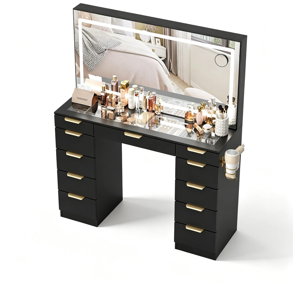 Glass Top Vanity Desk with Mirror and Lights, 11 Drawers Makeup Vanity with Stool A1961