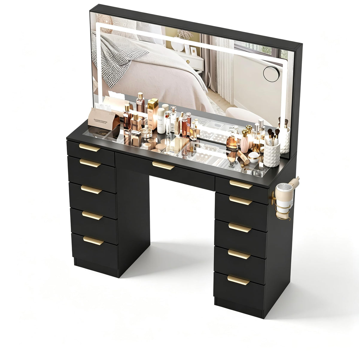 Glass Top Vanity Desk with Mirror and Lights, 11 Drawers Makeup Vanity with Stool A1961