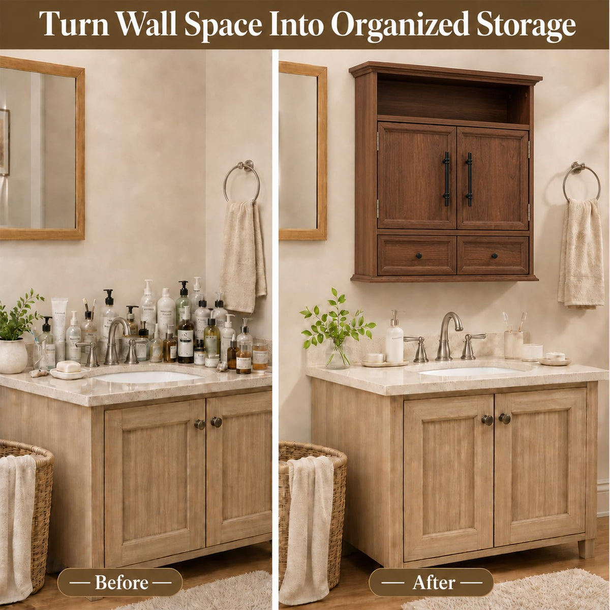 24" Wall Mounted Bathroom Storage Cabinet with Adjustable Shelf, Open Shelf, Double Doors and Drawer, Walnut D734