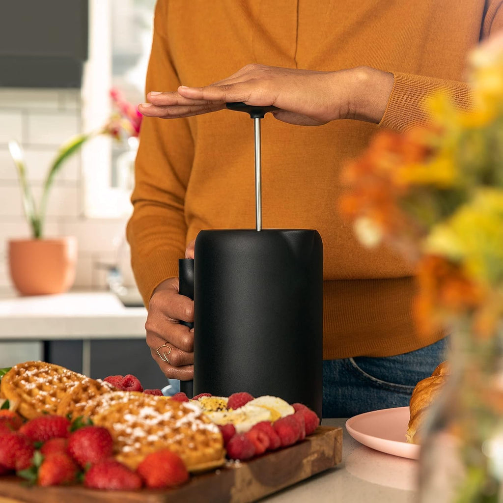Insulated Coffee Maker with Enhanced Filtration System, Portable French Press Stainless Steel, 24 oz Carafe, Matte Black T1368