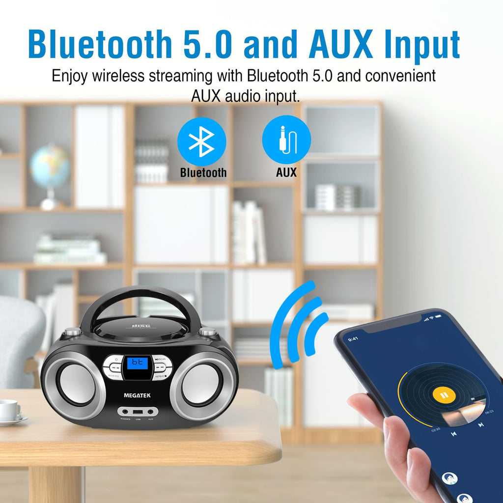 Portable CD Player Boombox with Bluetooth & FM Radio – Black C54845