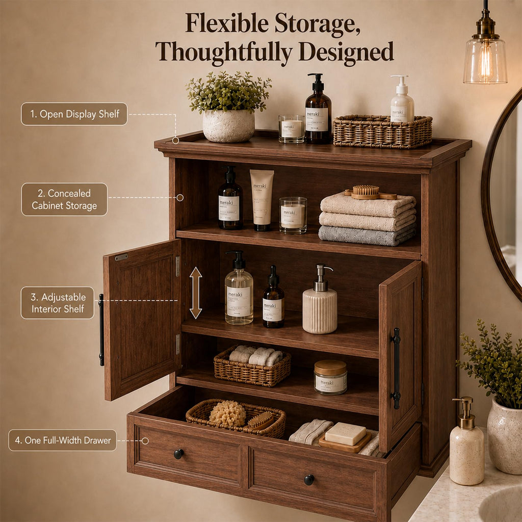 24" Wall Mounted Bathroom Storage Cabinet with Adjustable Shelf, Open Shelf, Double Doors and Drawer, Walnut D734