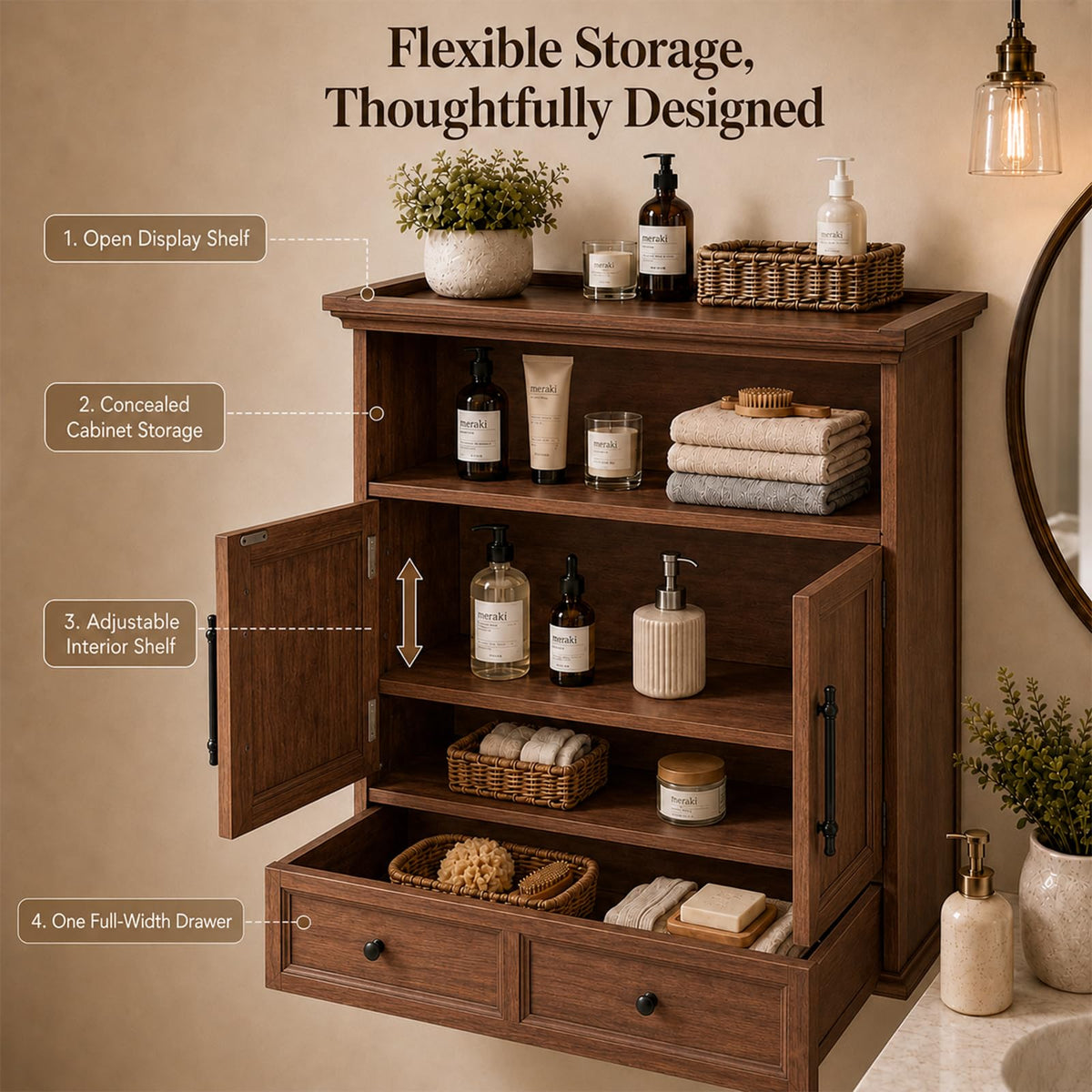 24" Wall Mounted Bathroom Storage Cabinet with Adjustable Shelf, Open Shelf, Double Doors and Drawer, Walnut D734