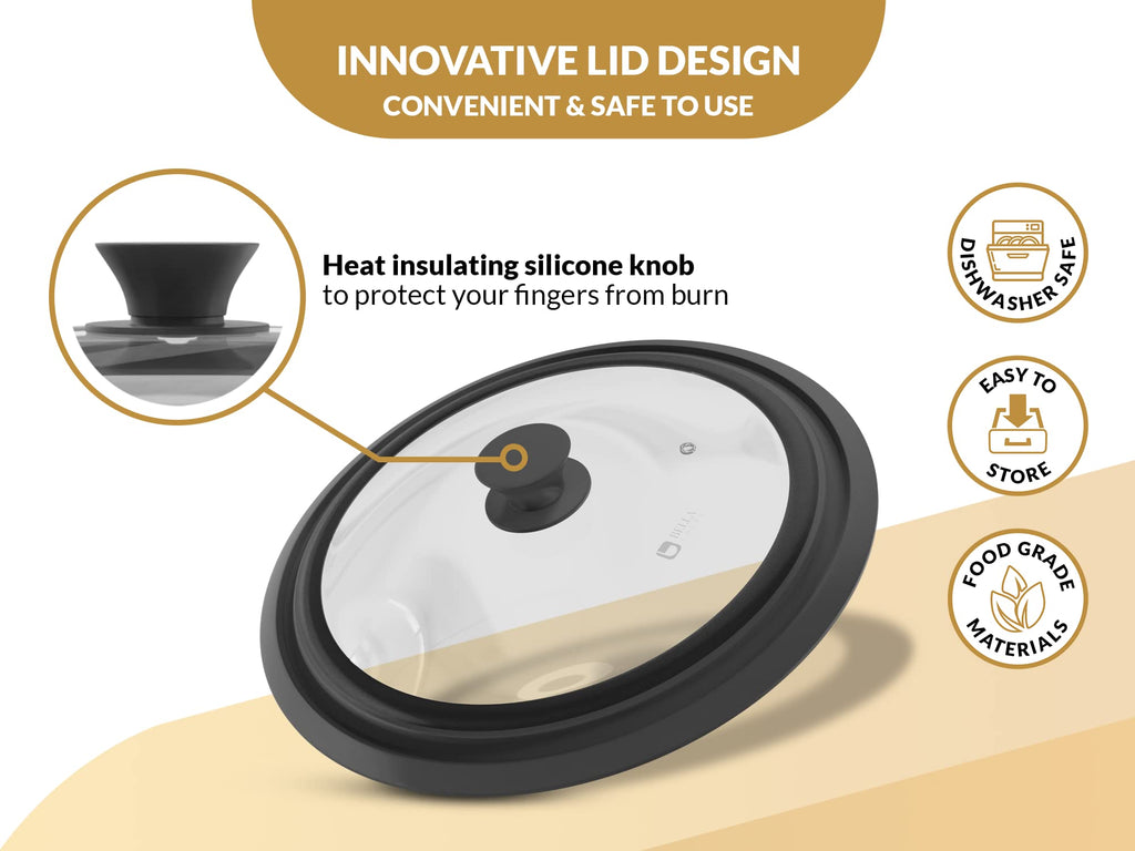 Universal Lids for Pots, Pans & Skillets 2set Frying Pan Cover Fits 7", 8" 9" & 10", 11", 12" Diameter Cookware, 2 Cotton Rags, Tempered Glass with High Heat Resistant Silicone Rim Dishwasher Safe C43362