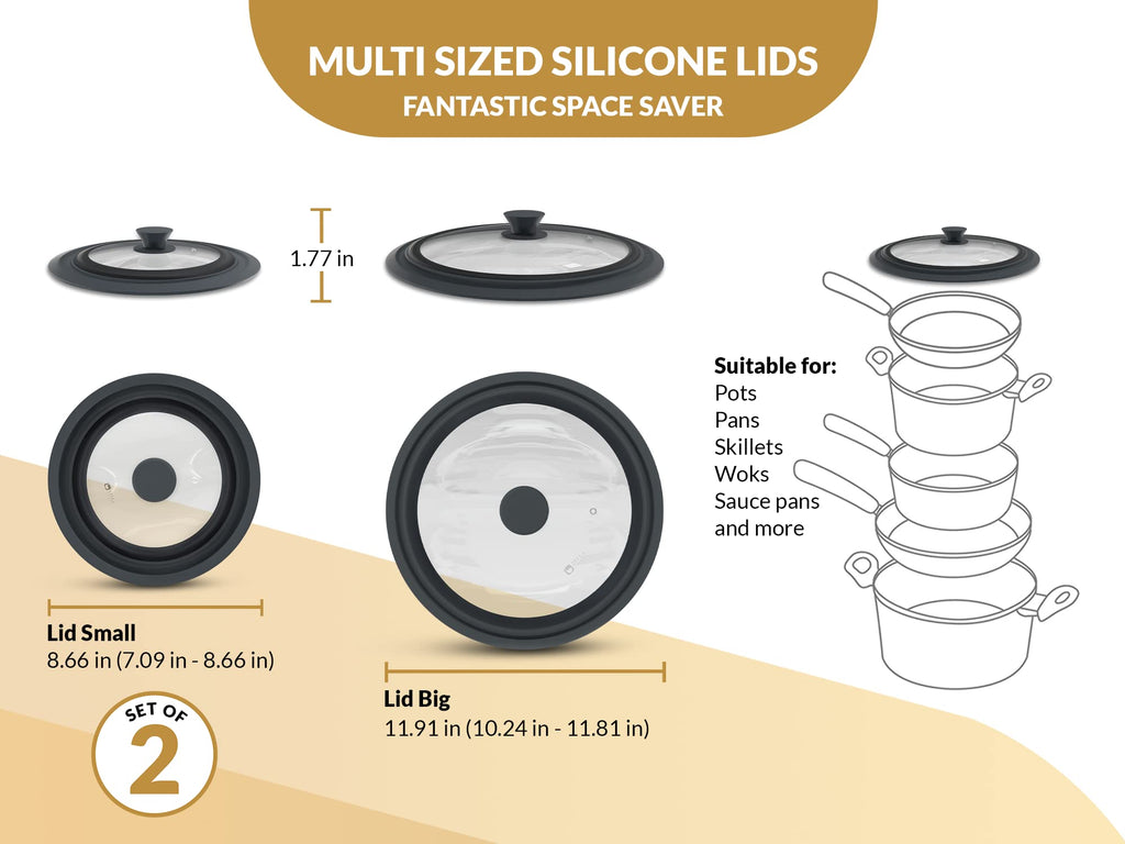 Universal Lids for Pots, Pans & Skillets 2set Frying Pan Cover Fits 7", 8" 9" & 10", 11", 12" Diameter Cookware, 2 Cotton Rags, Tempered Glass with High Heat Resistant Silicone Rim Dishwasher Safe C43362
