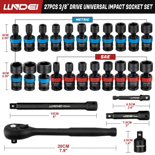 27Pcs 3/8" Impact Swivel Socket Set, Metric & SAE J534859
