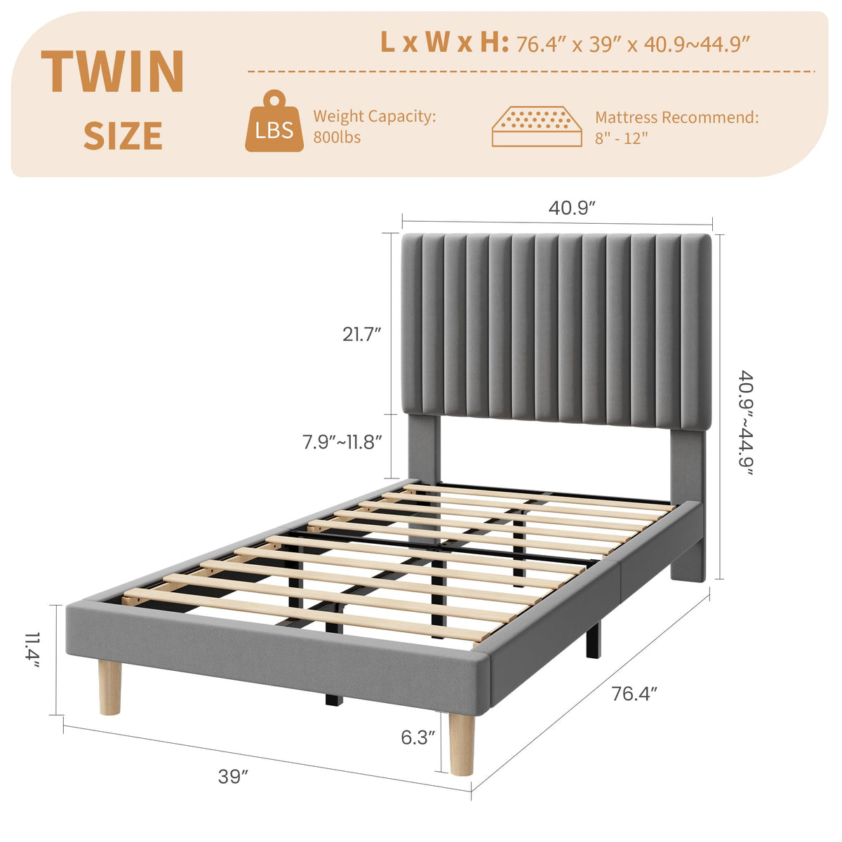 Velvet Upholstered Platform Bed with Adjustable Headboard X533