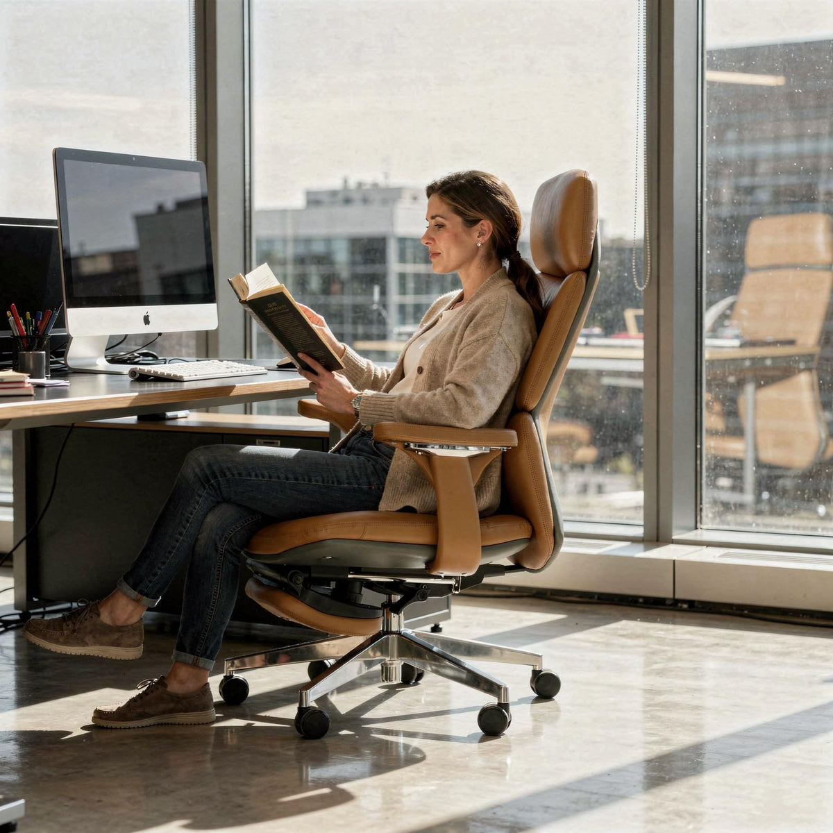 Ergonomic Genuine Leather Office Chair with Footrest X90310