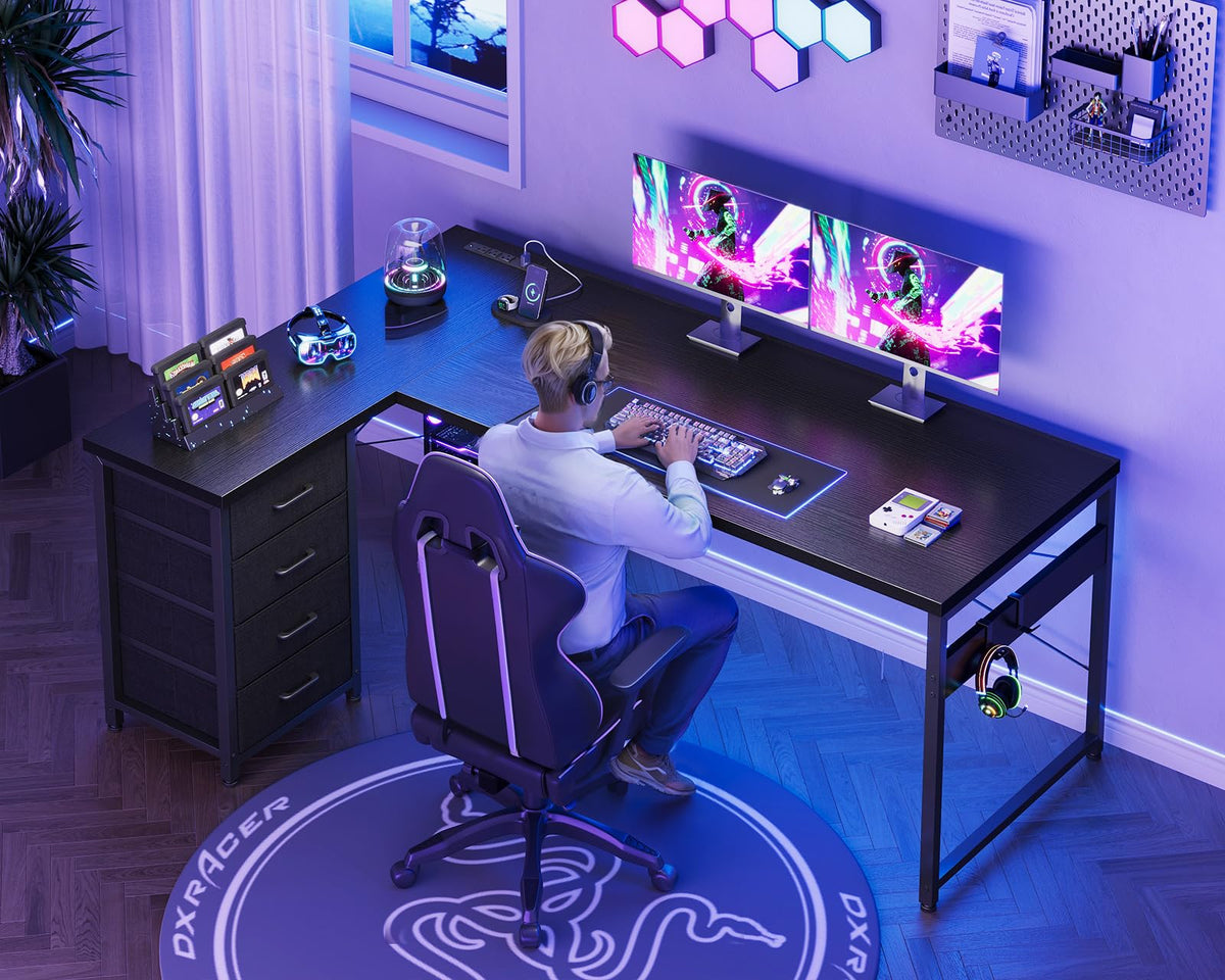 61" L Shaped Gaming Desk with 4 Drawers and Power Outlets, Black P3103