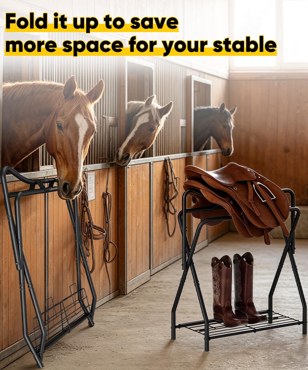 Foldable Black Horse Saddle Rack with Storage C112