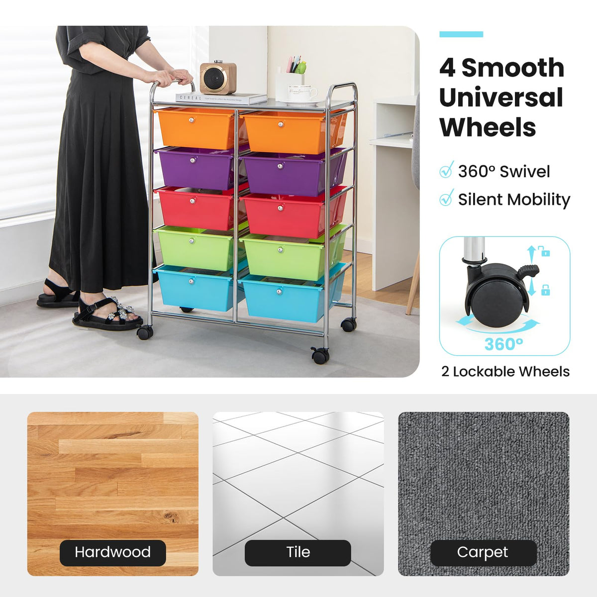 10 Drawer Rolling Storage Cart with Lockable Wheels S767