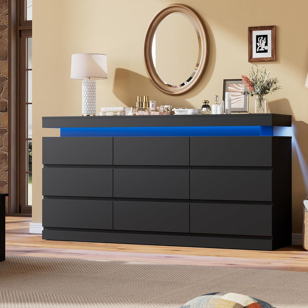 Black 9 Drawer Dresser with LED Light and Charging Station P3110