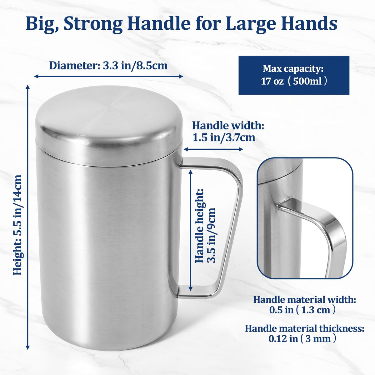 17oz Double Wall Stainless Steel Insulated Camping Mug with Lid X62296