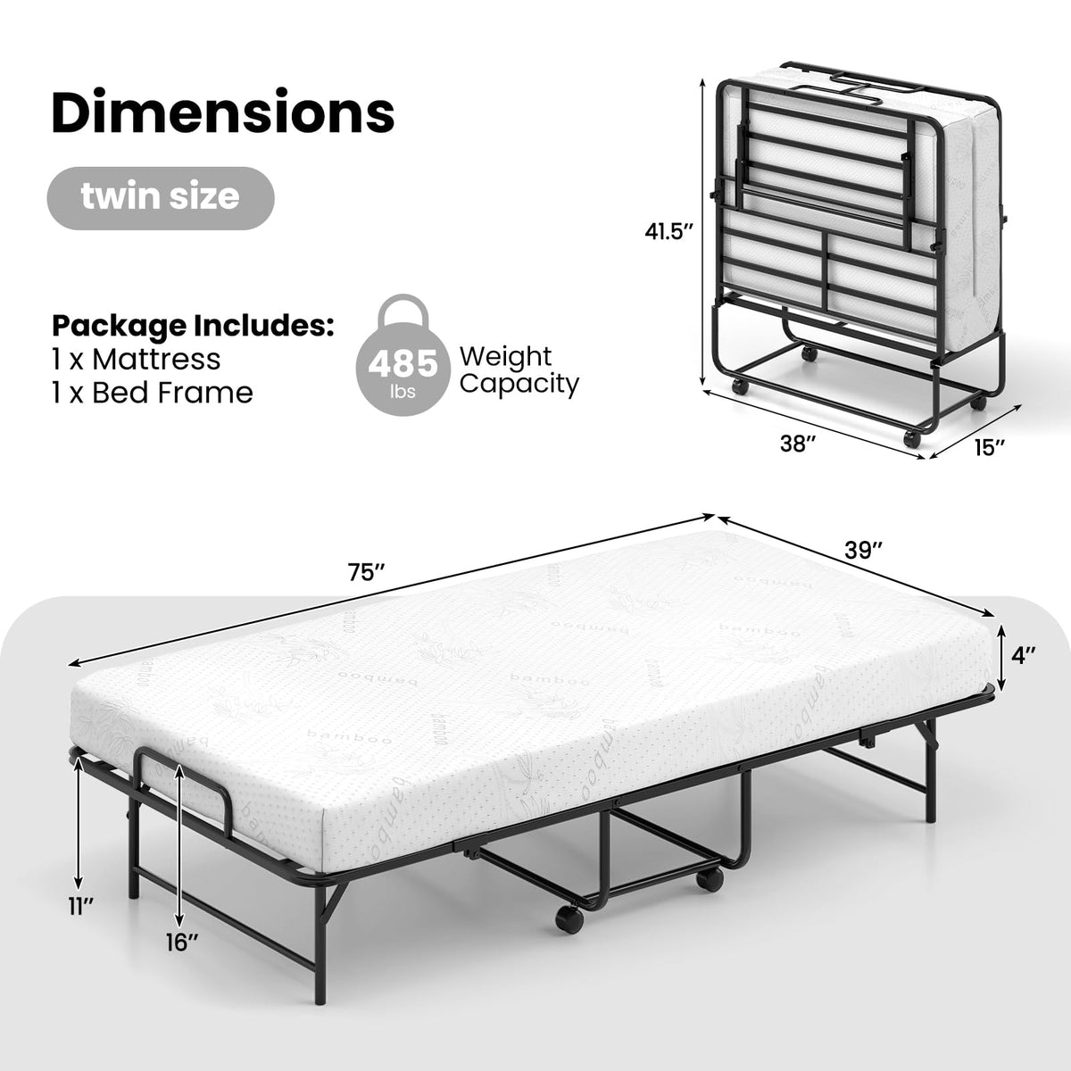 Twin Folding Bed with Memory Foam Mattress Y35471
