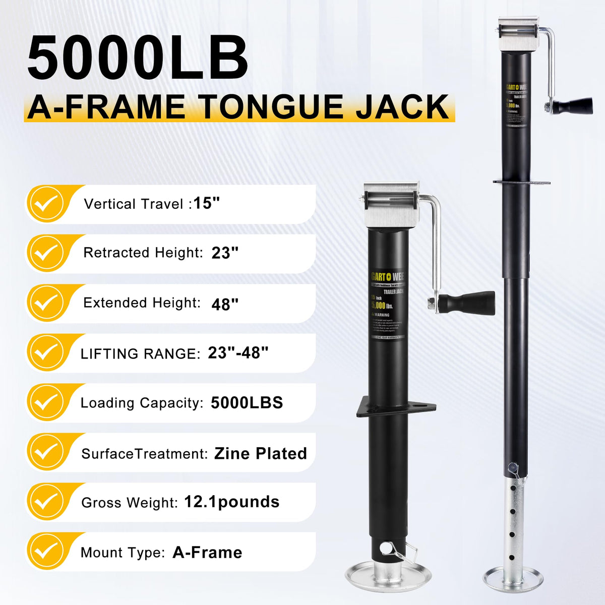 5000 lbs A-Frame Trailer Jack, 15" Vertical Travel with Adjustable Drop Leg P243