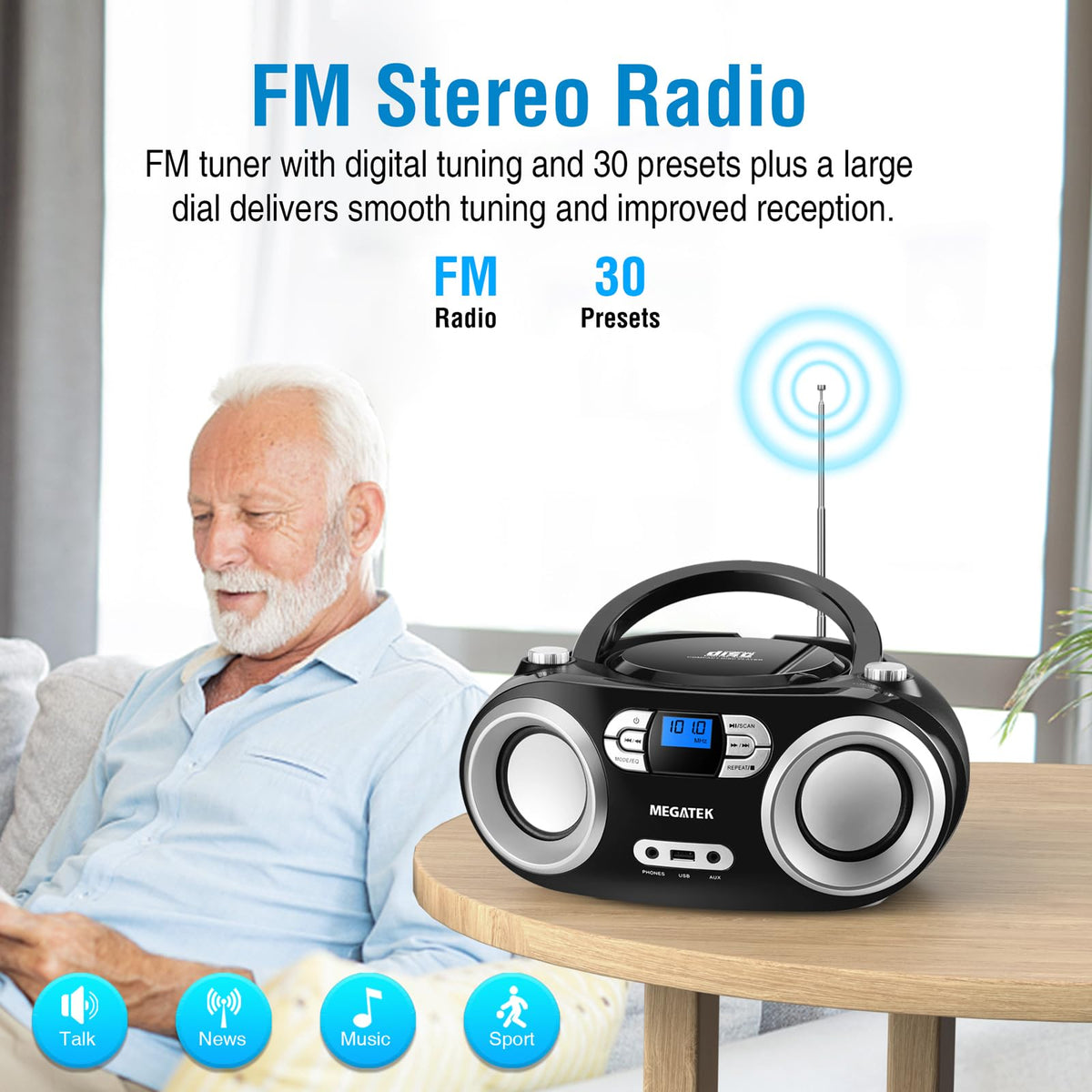 Portable CD Player Boombox with Bluetooth & FM Radio – Black C54845