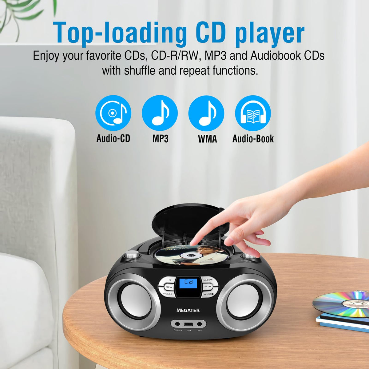 Portable CD Player Boombox with Bluetooth & FM Radio – Black C54845