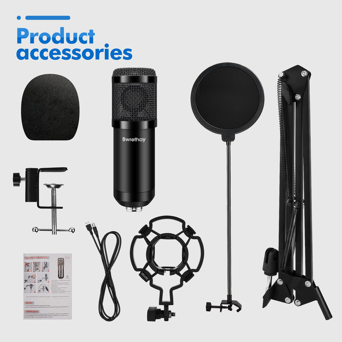 USB Condenser Cardioid Microphone with Boom Arm Stand and Shock Mount, Black O488